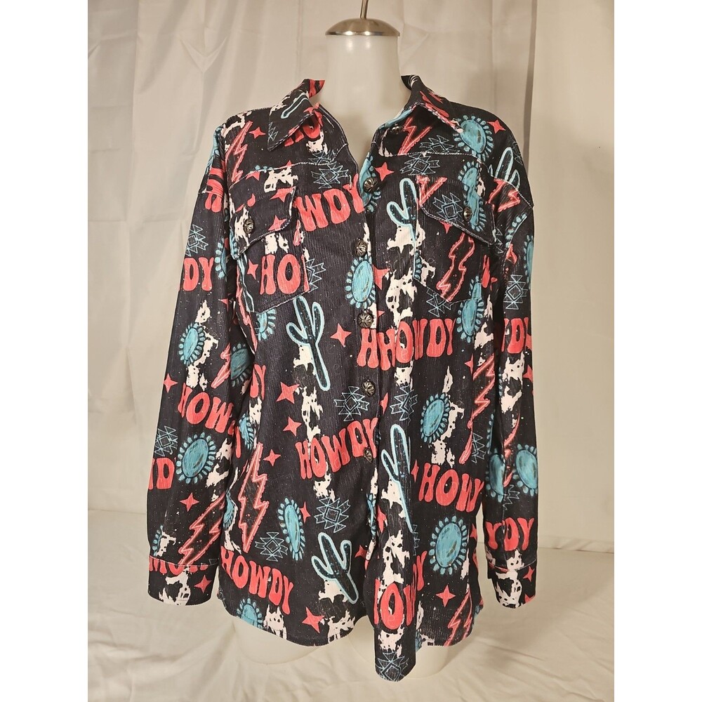 New Merigold Kiss Shirt Womens Black Blue and Red Corduroy Concho Buttons Howdy